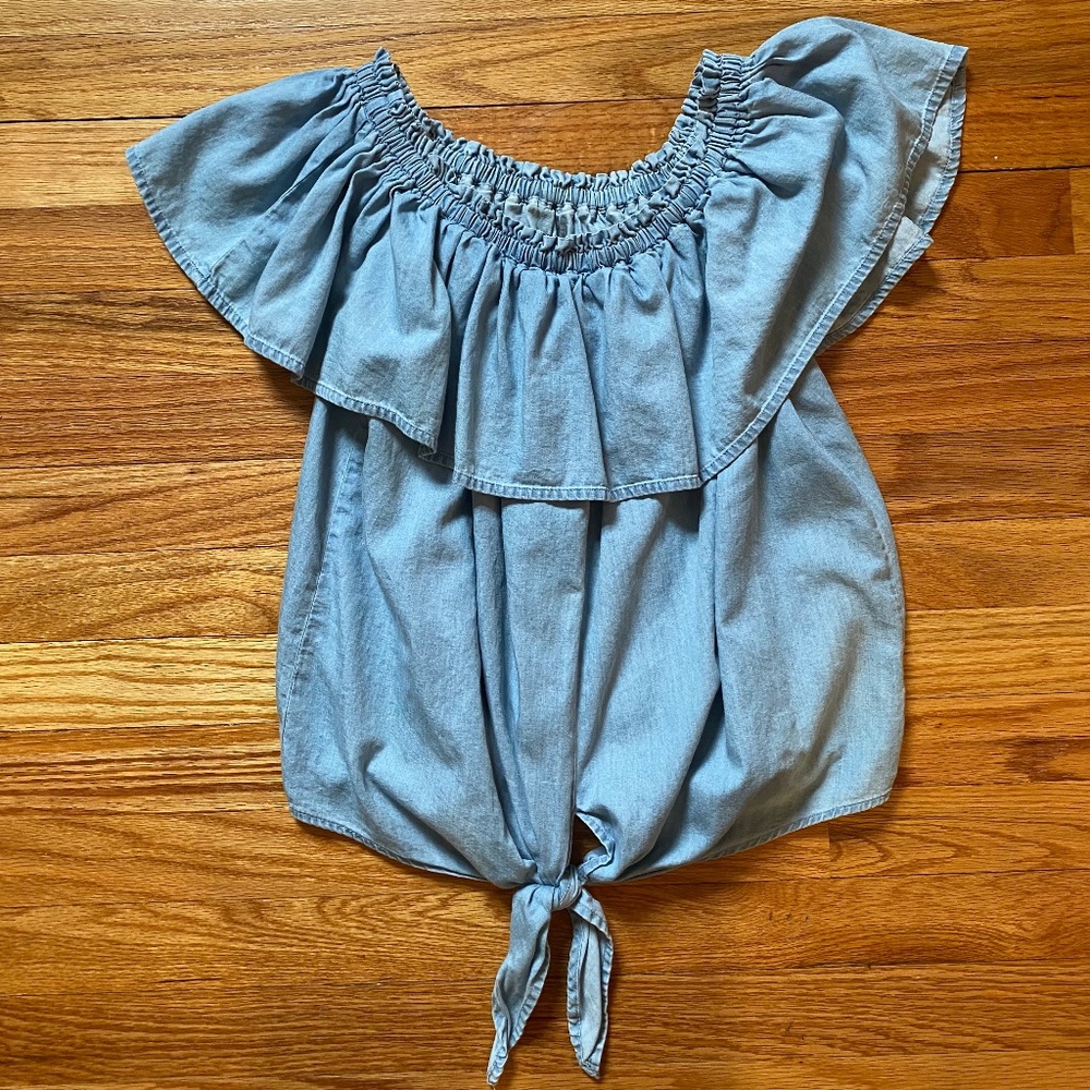 Express Denim Ruffle Off the Shoulder Top Medium
